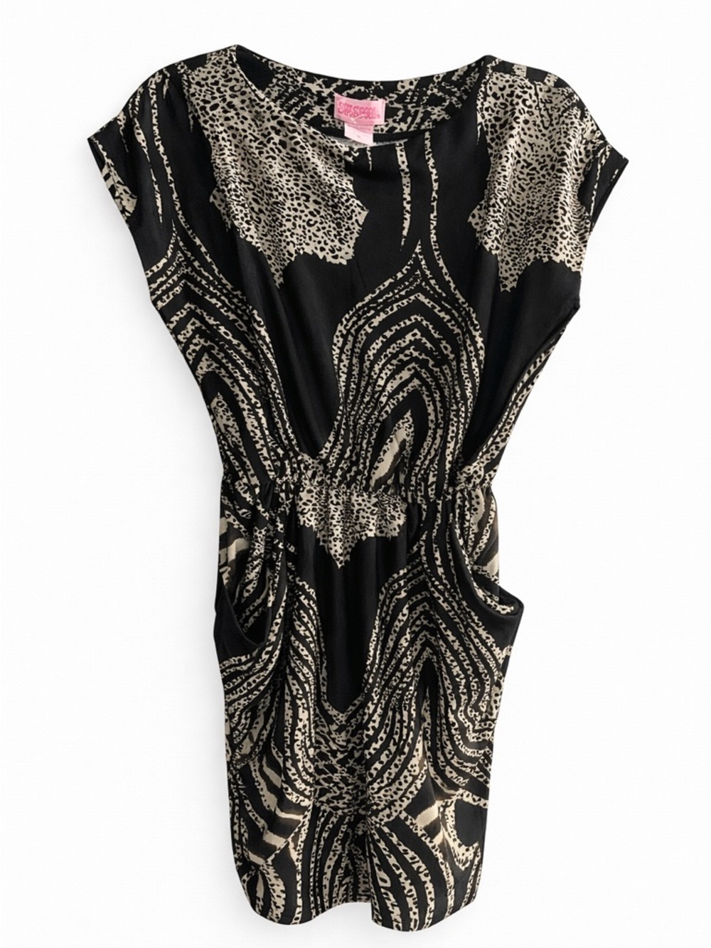 SheScool Black & Tan Printed Dress • Ruched Waist • Stretch • Size M